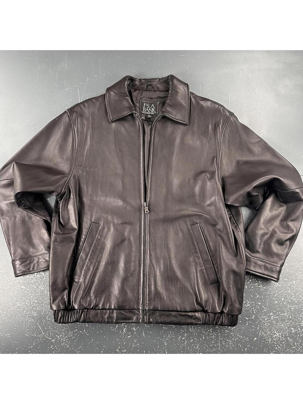 Jos A Bank Leather Jacket Mens Large Black Full Zip Soft Supple Dress Old Money